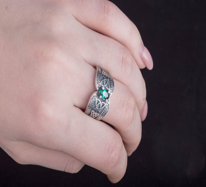 Norse Ring with Green Gem Sterling Silver Jewelry