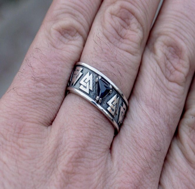 Valknut Symbol Ring with cubic Zirconia Sterling Silver Viking Jewelry