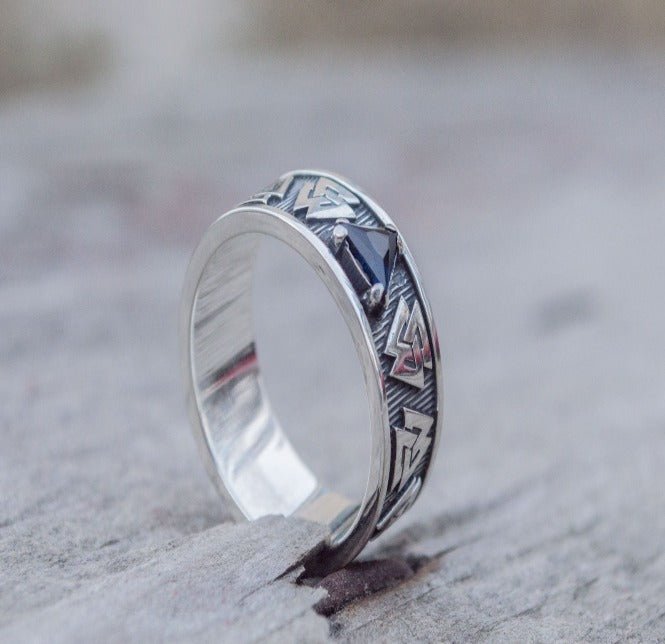 Valknut Symbol Ring with cubic Zirconia Sterling Silver Viking Jewelry