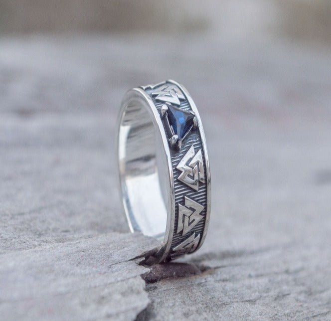 Valknut Symbol Ring with cubic Zirconia Sterling Silver Viking Jewelry