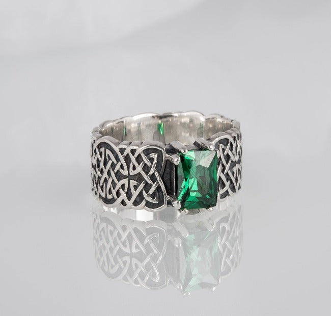 Norse Ornament Ring with Green Cubic Zirconia Sterling Silver Handmade Jewelry