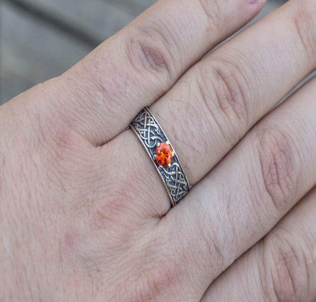 Norse Ring with Green Cubic Zirconia Sterling Silver Handmade Jewelry