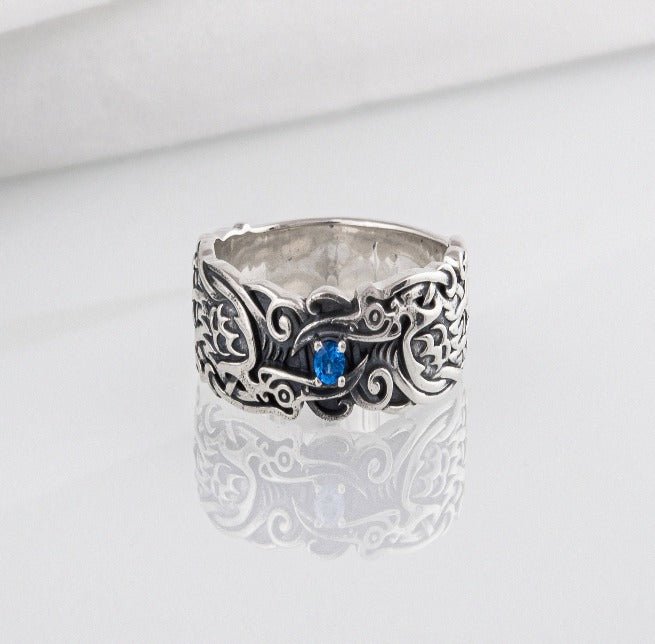Handcrafted 925 silver Viking ring with Ravens and unique ornament, ancient norse jewelry