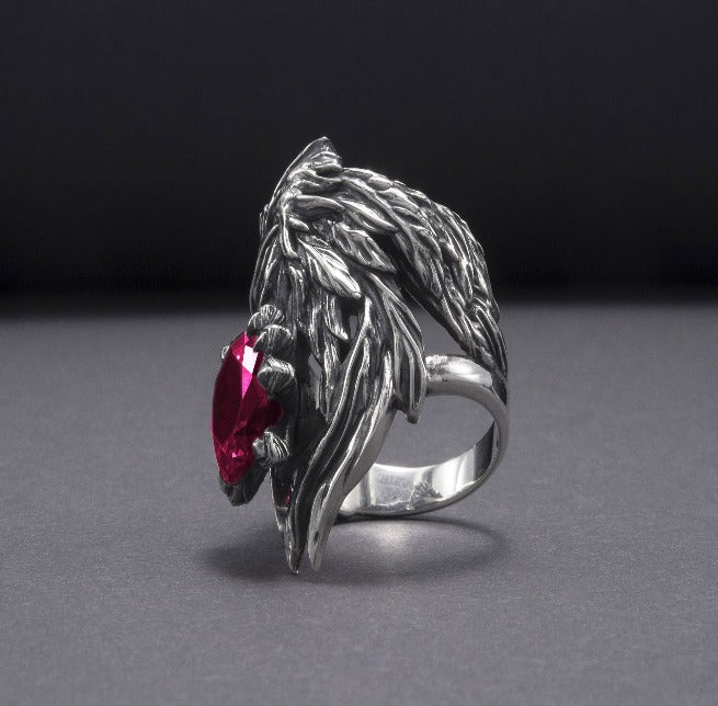 Unique 925 Silver Raven Ring With Gem, Handcrafted Jewelry