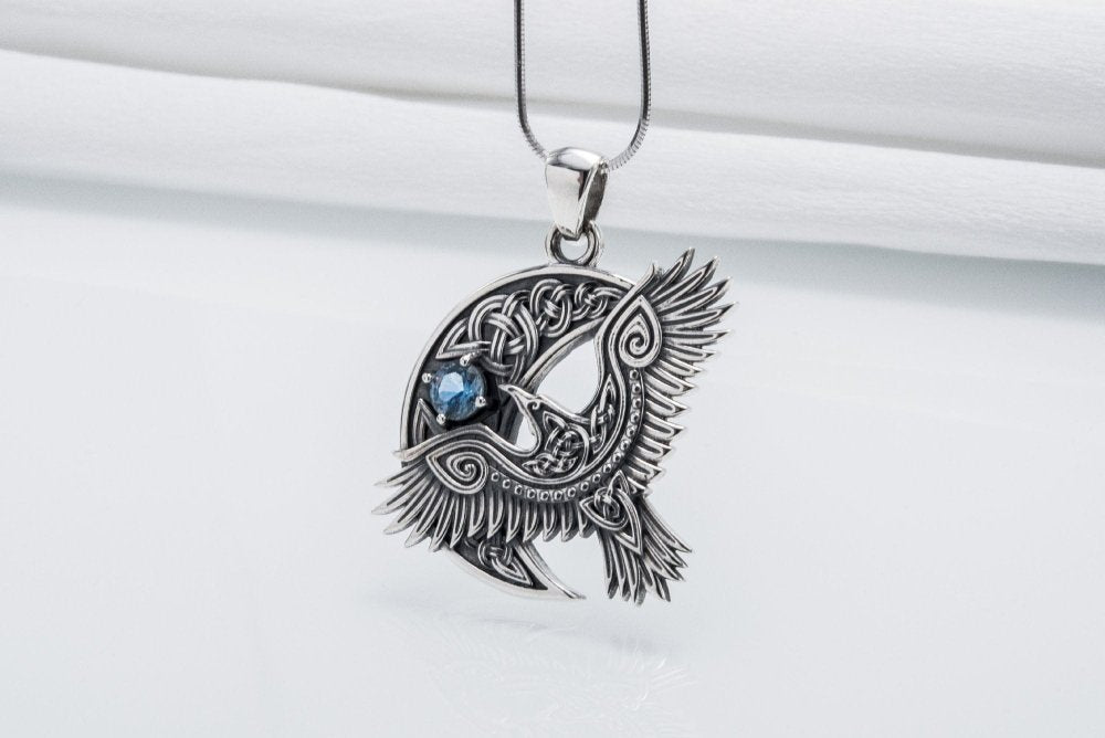 Unique 925 Silver Raven Pendant With Gem, Handmade Jewelry