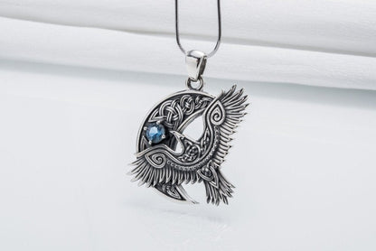 Unique 925 Silver Raven Pendant With Gem, Handmade Jewelry