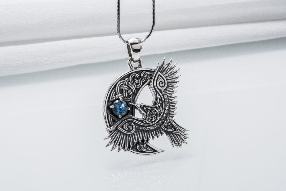 Unique 925 Silver Raven Pendant With Gem, Handmade Jewelry