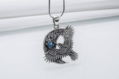 Unique 925 Silver Raven Pendant With Gem, Handmade Jewelry