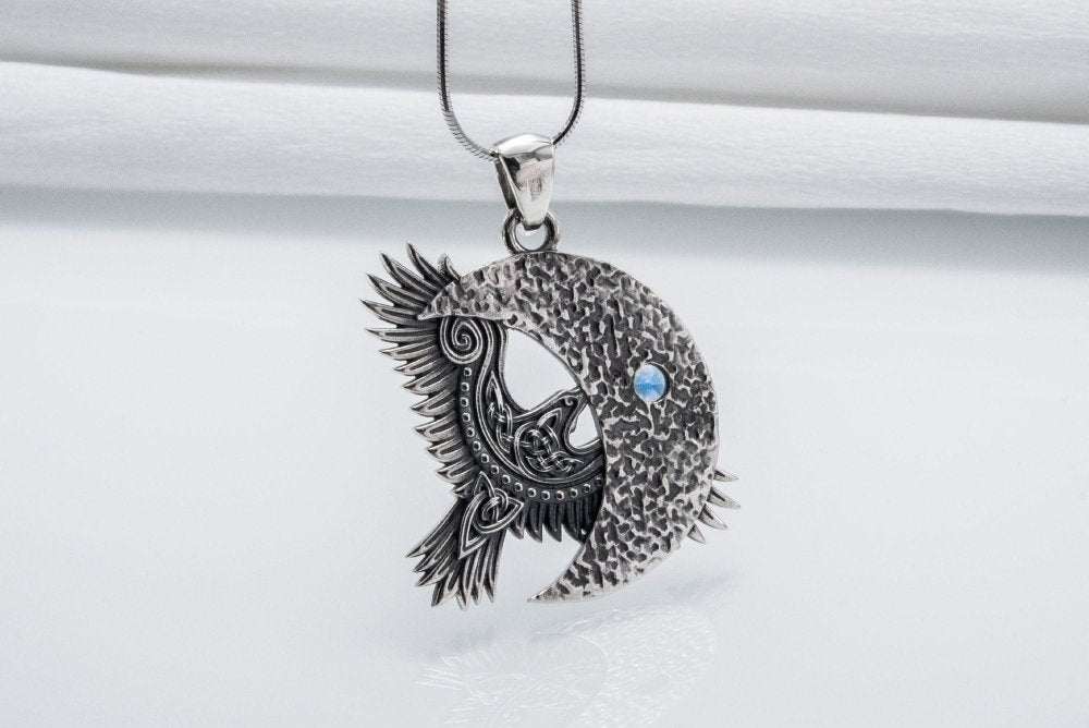 Unique 925 Silver Raven Pendant With Gem, Handmade Jewelry