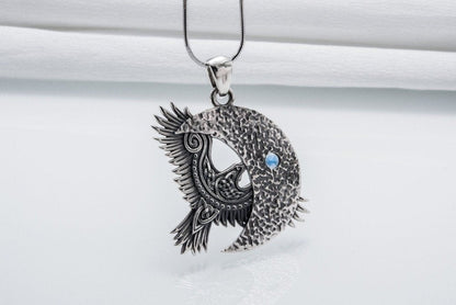 Unique 925 Silver Raven Pendant With Gem, Handmade Jewelry