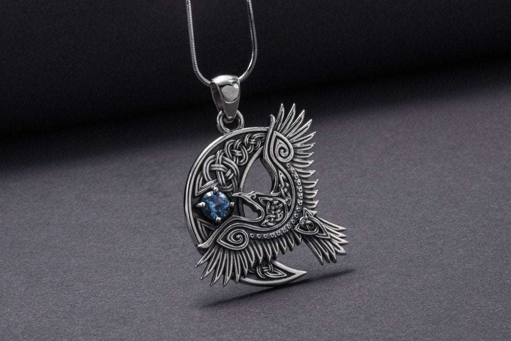 Unique 925 Silver Raven Pendant With Gem, Handmade Jewelry