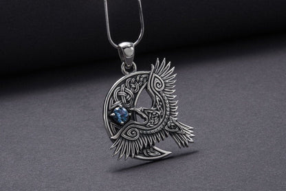 Unique 925 Silver Raven Pendant With Gem, Handmade Jewelry