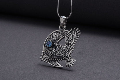 Unique 925 Silver Raven Pendant With Gem, Handmade Jewelry