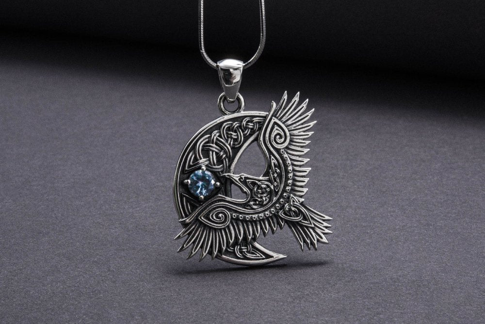 Unique 925 Silver Raven Pendant With Gem, Handmade Jewelry