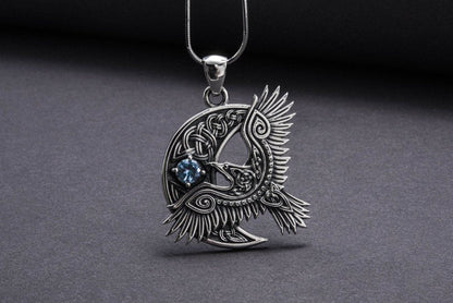 Unique 925 Silver Raven Pendant With Gem, Handmade Jewelry