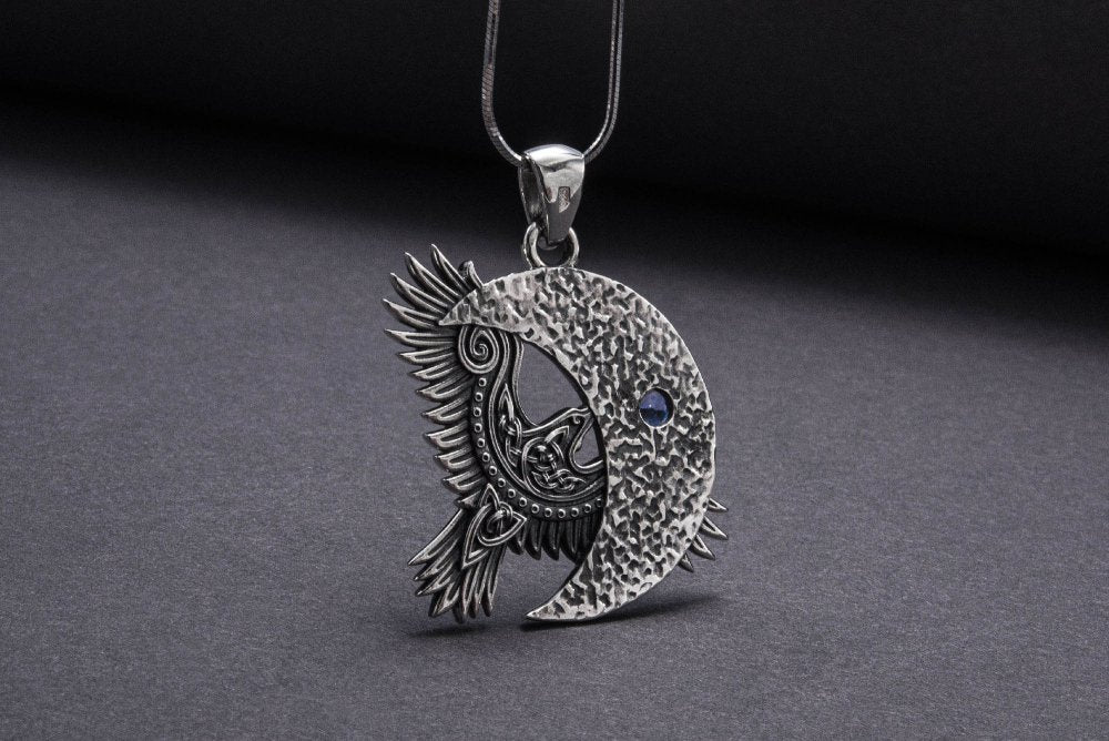 Unique 925 Silver Raven Pendant With Gem, Handmade Jewelry