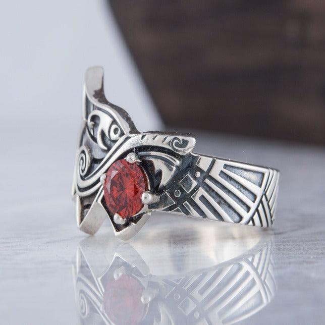 Fenrir Ring with Gem | Sterling Silver | Unique Norse Jewelry