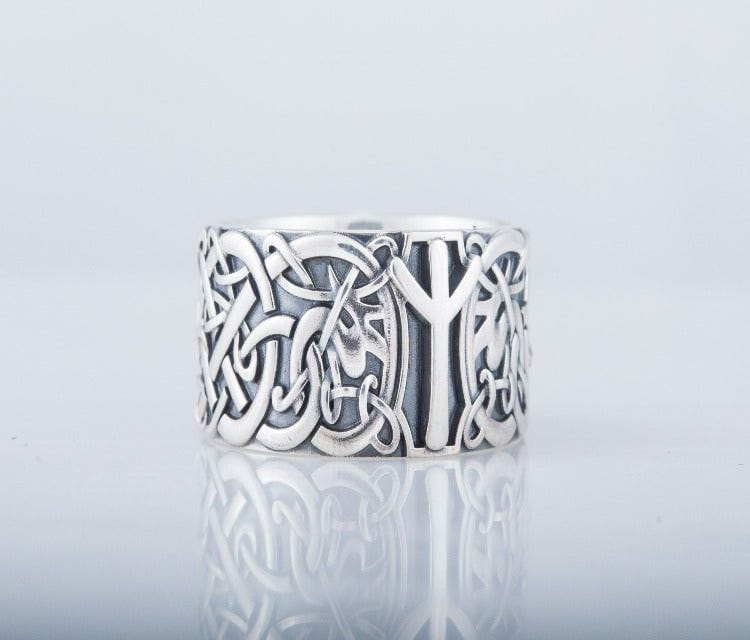 Norse Ornament Ring with Algiz Rune Sterling Silver Ring
