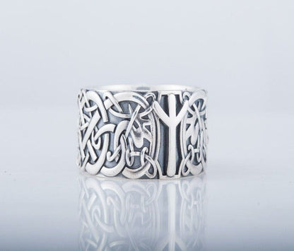 Norse Ornament Ring with Algiz Rune Sterling Silver Ring