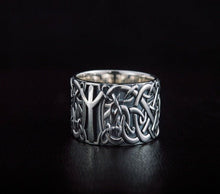 Norse Ornament Ring with Algiz Rune Sterling Silver Ring