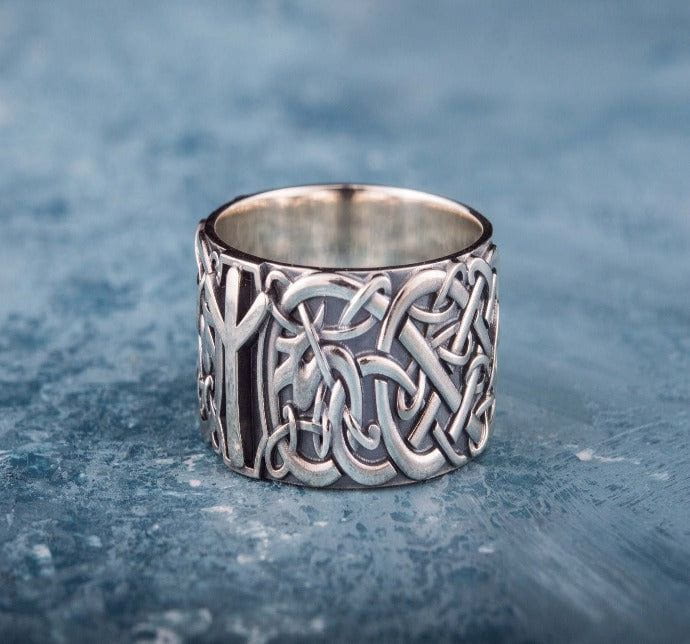 Norse Ornament Ring with Algiz Rune Sterling Silver Ring