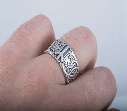 Norse Ornament Ring with Algiz Rune Sterling Silver Ring