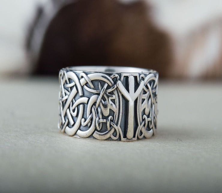 Norse Ornament Ring with Algiz Rune Sterling Silver Ring