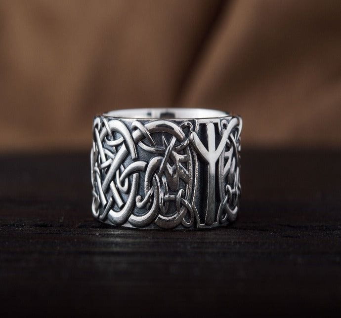 Norse Ornament Ring with Algiz Rune Sterling Silver Ring