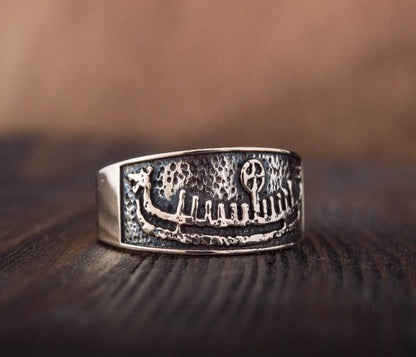 Ring with Drakkar Symbol Bronze Handcrafted Norse Ring