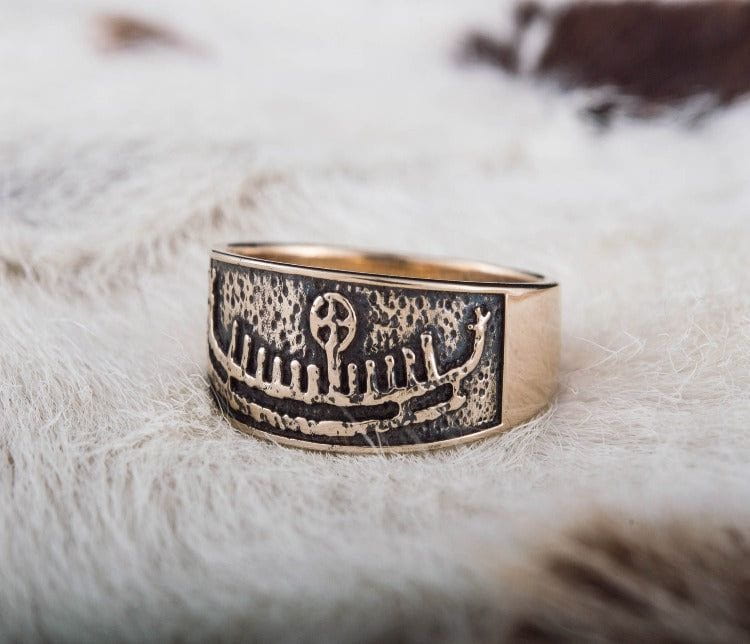 Ring with Drakkar Symbol Bronze Handcrafted Norse Ring