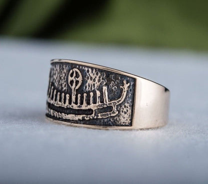 Ring with Drakkar Symbol Bronze Handcrafted Norse Ring