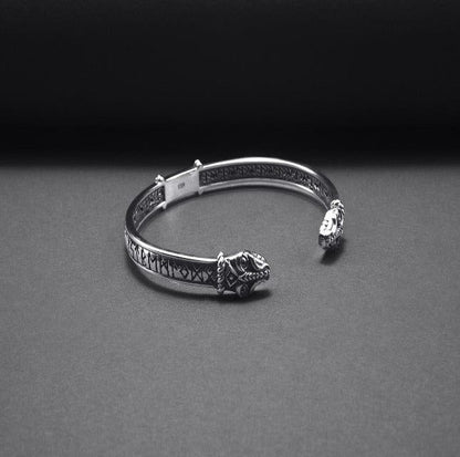 Jormungandr Bracelet | Silver Viking Cuff with Elder Futhark Runes