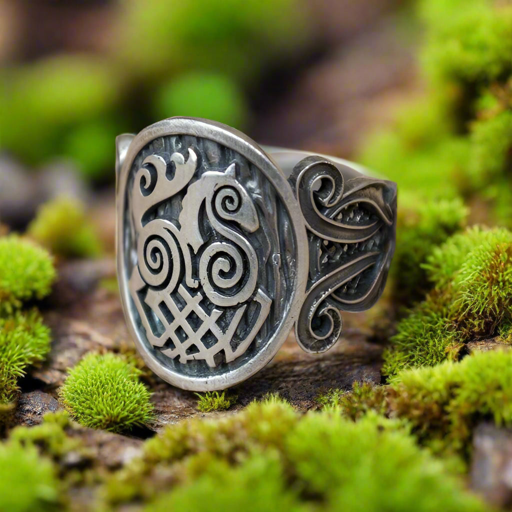 Sleipnir Symbol with Viking Ornament Sterling Silver Norse Ring