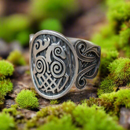 Sleipnir Symbol with Viking Ornament Sterling Silver Norse Ring