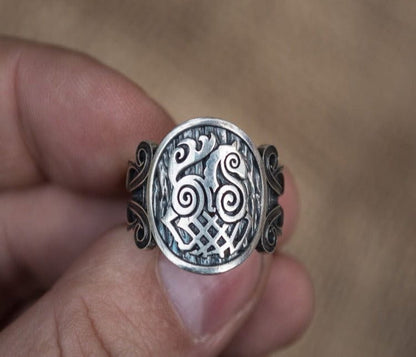 Sleipnir Symbol with Viking Ornament Sterling Silver Norse Ring