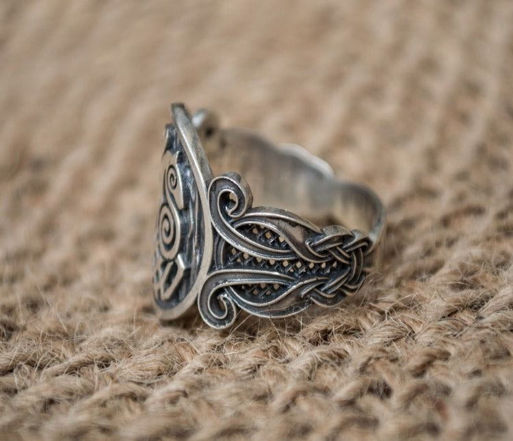 Sleipnir Symbol with Viking Ornament Sterling Silver Norse Ring