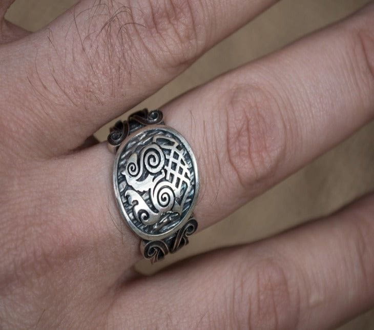 Sleipnir Symbol with Viking Ornament Sterling Silver Norse Ring