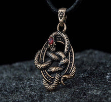 Norse Runes Snake Pendant | Bronze Necklace with Red Cubic Zirconia