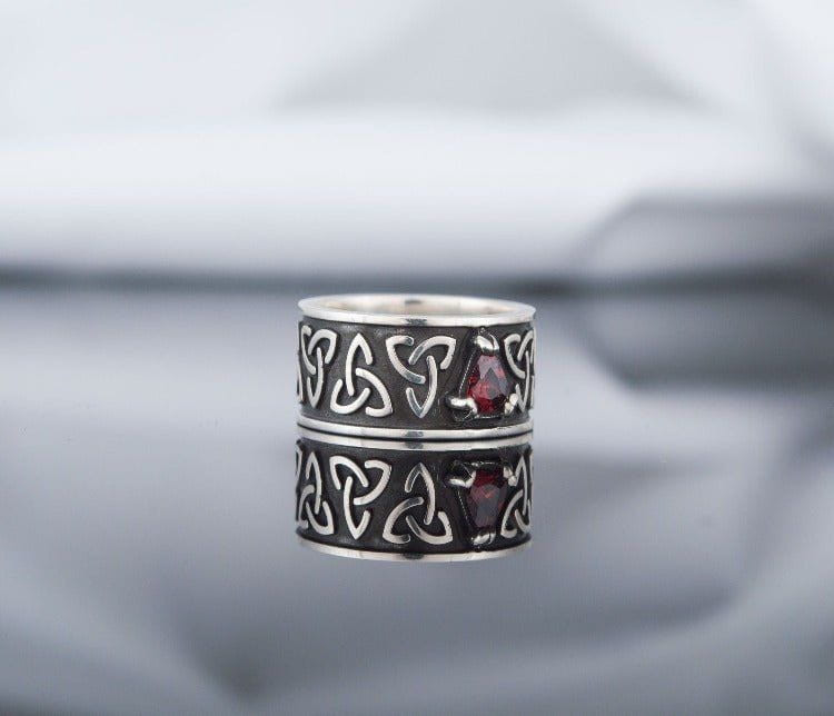 Triquetra Symbol Ring with Red Cubic Zirconia Sterling Silver Celtic Ring
