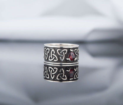 Triquetra Symbol Ring with Red Cubic Zirconia Sterling Silver Celtic Ring