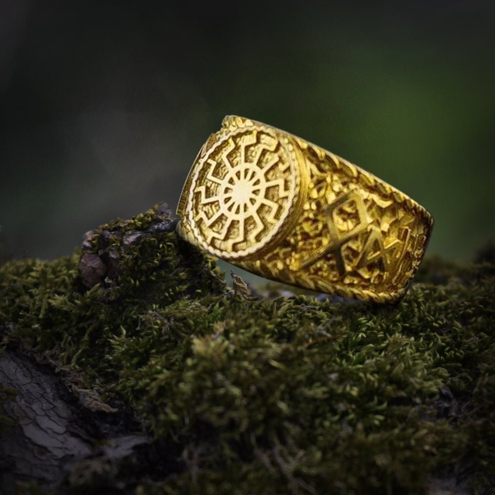 14K Gold Black Sun Ring with HAIL ODIN Runes Viking Jewelry