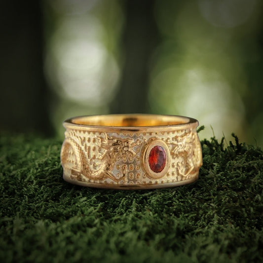 14K Gold Ring with Dragon and Red Cubic Zirconia Jewelry