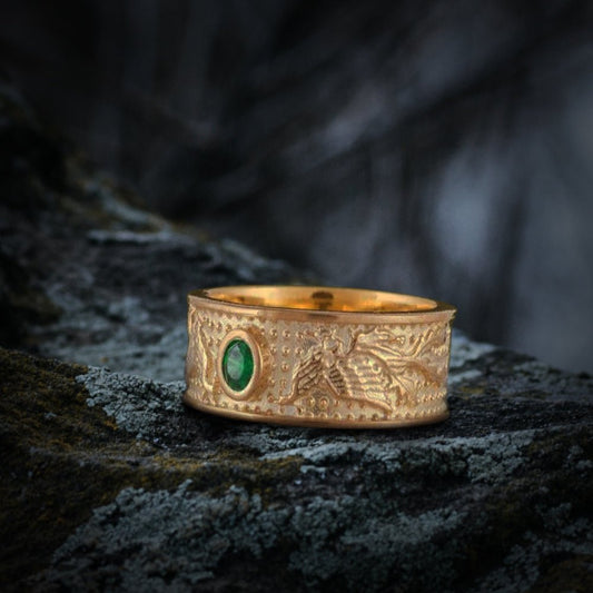 14K Gold Ring with Firebird and Green Cubic Zirconia Jewelry