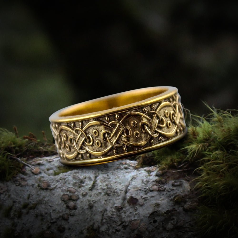 14K Gold Viking Ring with Scandinavian Ornament Unique Jewelry