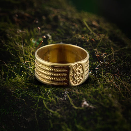 Gold Ring with Handweel Symbol Ornament Style Handmade Jewelry