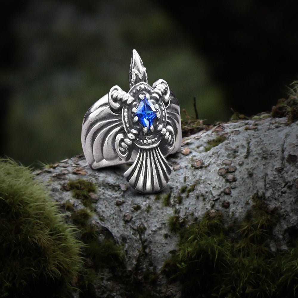 925 Silver Handmade Ring With Raven And Blue Gem, Handcrafted Jewelry