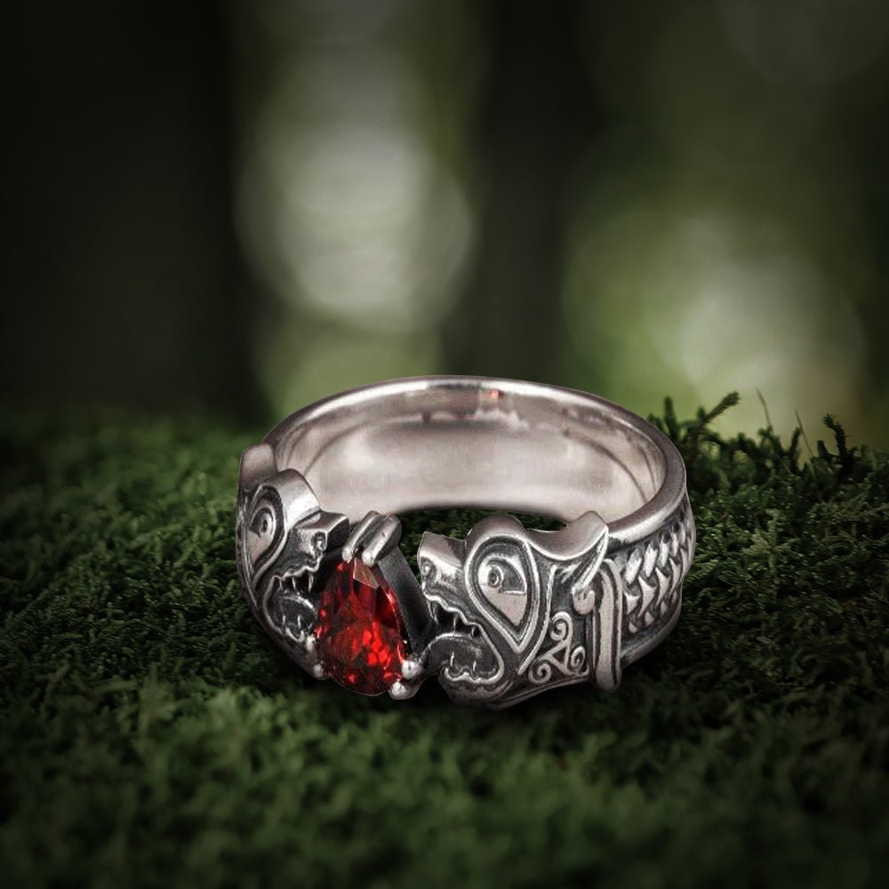 925 silver Viking ring with Norse wolf Fenrir and gem, unique handcrafted jewelry