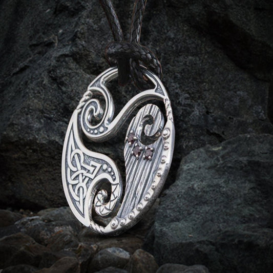 Circle Shield Pendant with Triskelion and CZ Ornament Sterling Silver Norse Jewelry