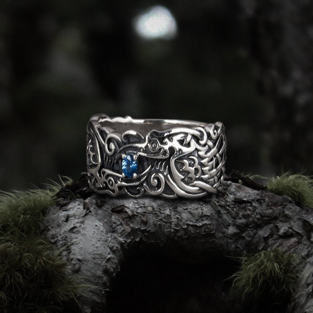 Handcrafted 925 silver Viking ring with Ravens and unique ornament, ancient norse jewelry