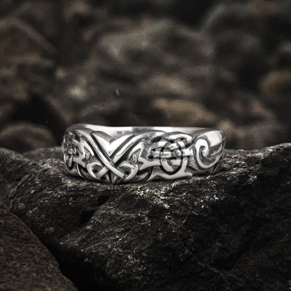 Handmade 925 silver Viking ring with ravens and brutal ancient ornament, unique jewelry